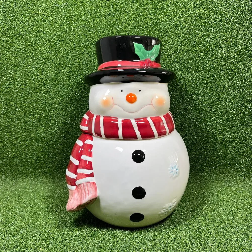 Vintage Festive Ceramic Snowman Cookie Jar Stripe Scarf Winter Christmas